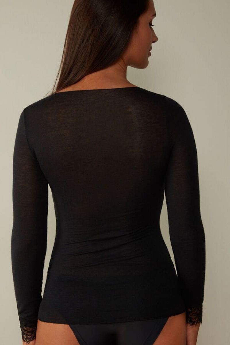 Intimissimi Modal Cashmere Ultralight Long Lace Shirt Women's Long Sleeve Black | USA 1806GLQ