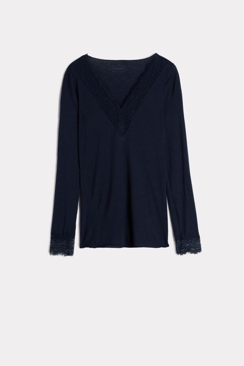 Intimissimi Modal Cashmere Ultralight Long Lace Shirt Women's Long Sleeve Blue | USA 1808JJE