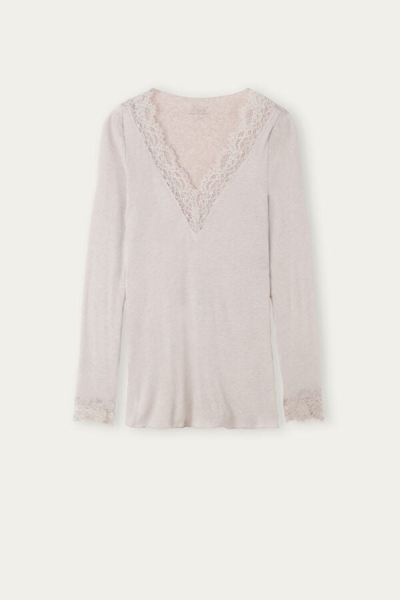 Intimissimi Modal Cashmere Ultralight Long Lace Shirt Women's Long Sleeve Beige | USA 1827PQC