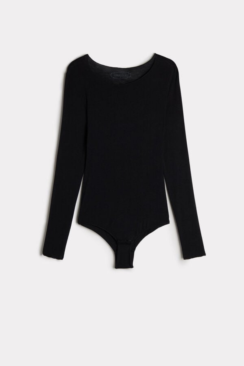 Intimissimi Modal and Cashmere Long-Sleeve Women's Bodysuit Black | USA 1642UTL