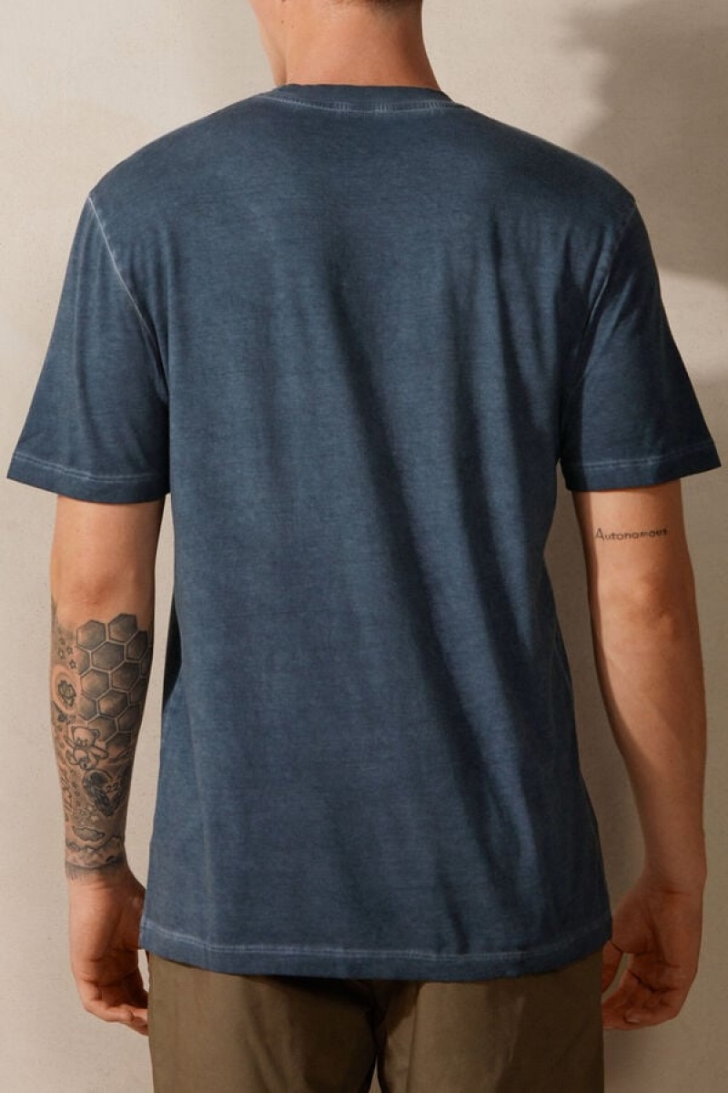 Intimissimi Oil Washed Cotton Short Sleeve Men's T Shirts Dark Blue | USA 3031UTR