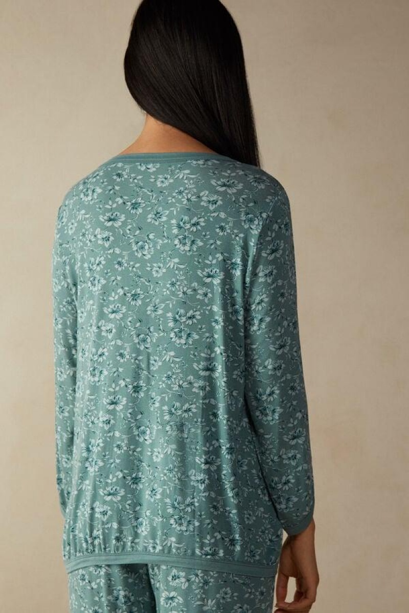 Intimissimi Prairie Bouquet Long Sleeve Top Women's Pajamas Green | USA 2172JJE