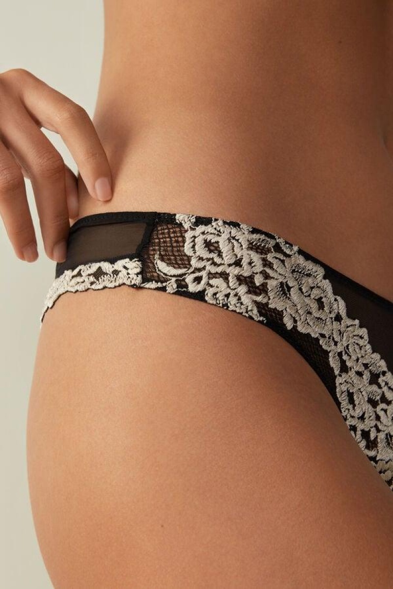 Intimissimi Pretty Flowers Brazilian Women's Panties Black / White | USA 2556RWV