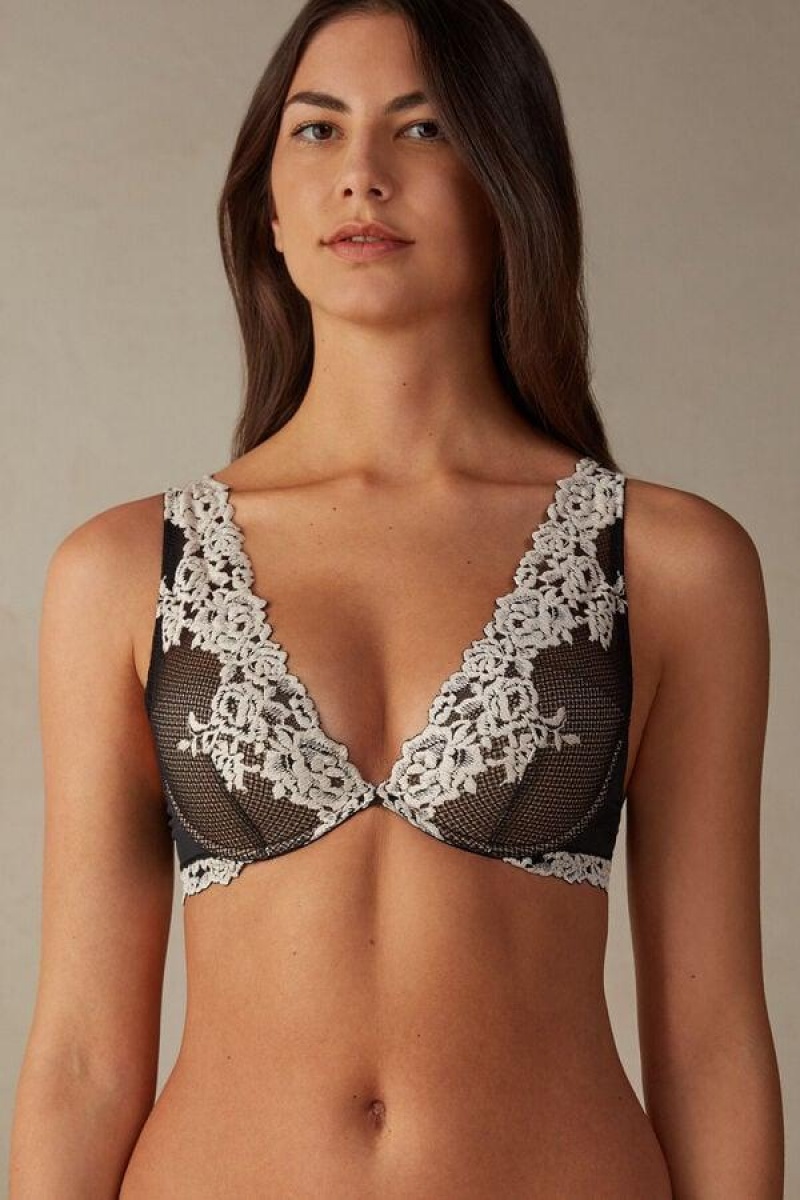 Intimissimi Pretty Flowers Elena Balconette Women\'s Bras Black / White | USA 1236JJE