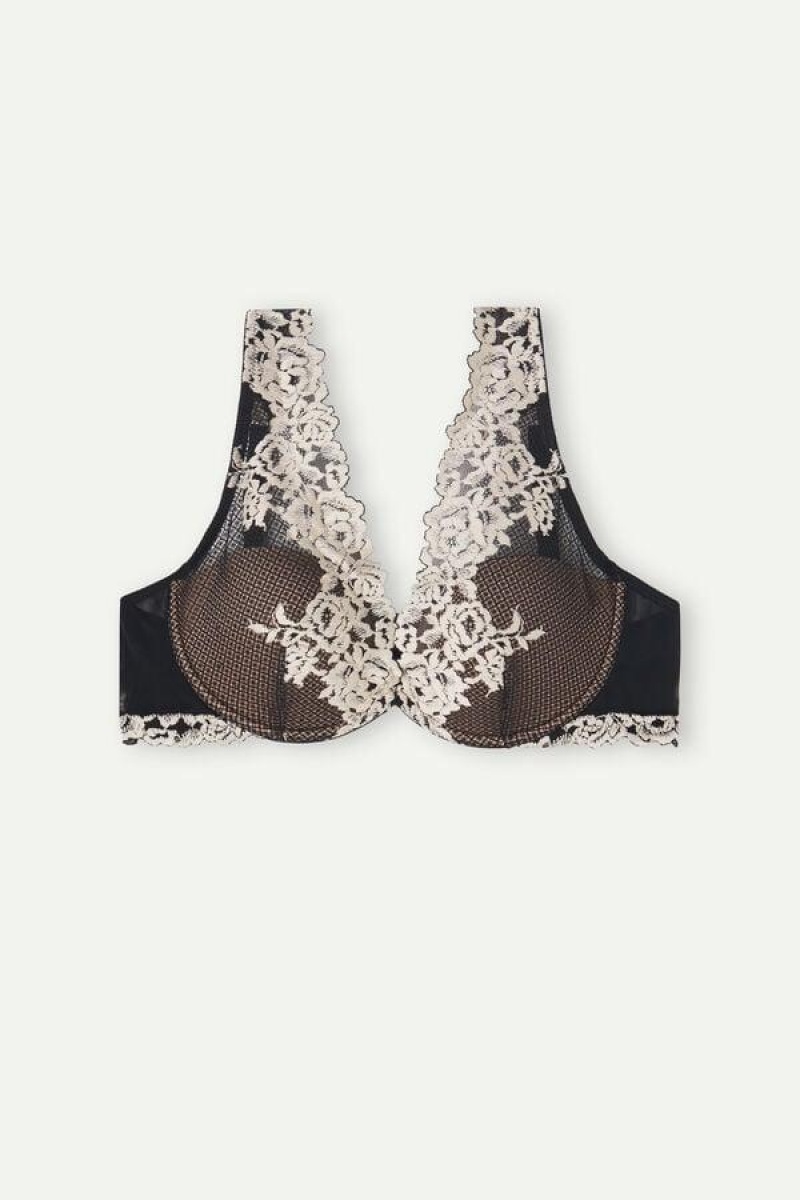 Intimissimi Pretty Flowers Elena Balconette Women's Bras Black / White | USA 1521HKW