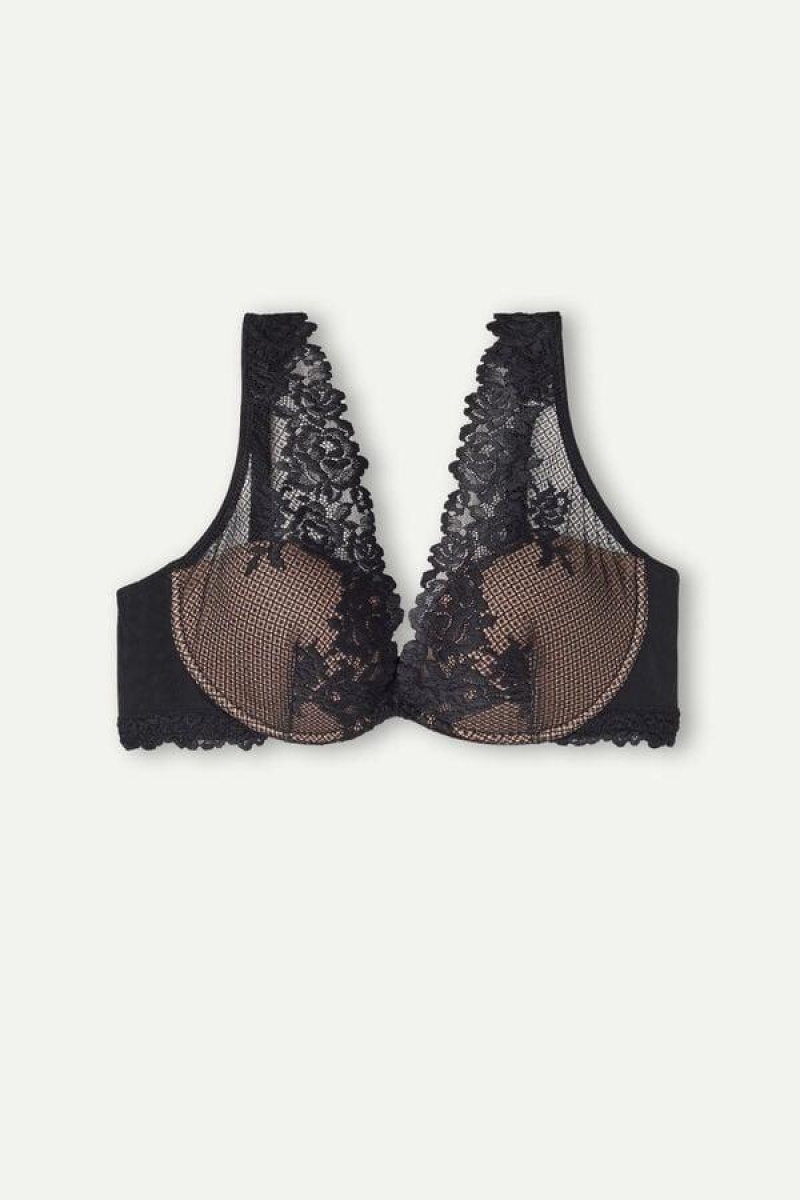 Intimissimi Pretty Flowers Elena Balconette Women's Bras Black | USA 1529BCP