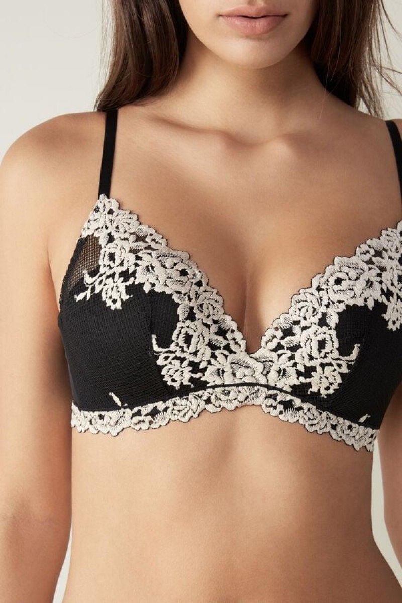 Intimissimi Pretty Flowers Fabiola Push-up Women's Bras Black / White | USA 1322NBA