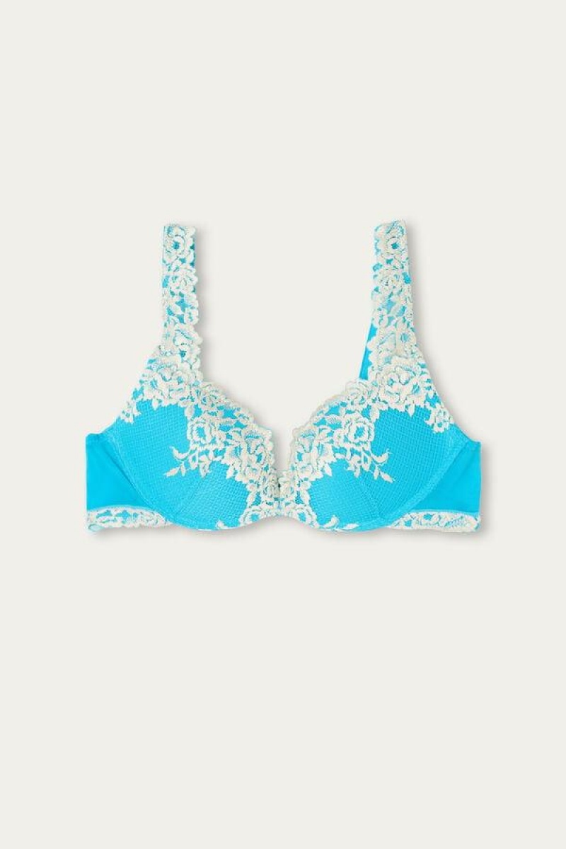 Intimissimi Pretty Flowers Gioia Super Push-up Women's Bras Turquoise / White | USA 1276TVJ