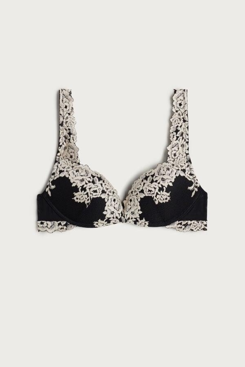 Intimissimi Pretty Flowers Gioia Super Push-up Women's Bras Black / White | USA 1323MAS