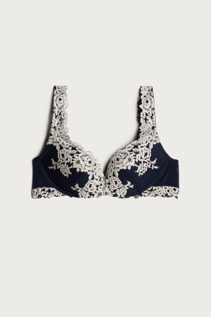 Intimissimi Pretty Flowers Gioia Super Push-up Women's Bras Deep Blue / Light Yellow | USA 1324QZD