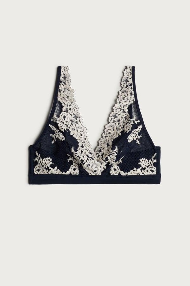 Intimissimi Pretty Flowers Lara Triangle Women's Bras Deep Blue / Light Yellow | USA 1265ZGY