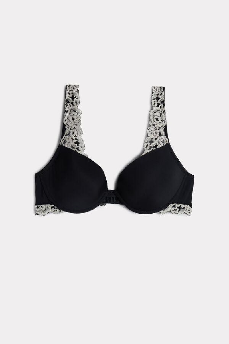 Intimissimi Pretty Flowers Microfiber Bellissima Push-up Women's Bras Black / White | USA 1338GLQ