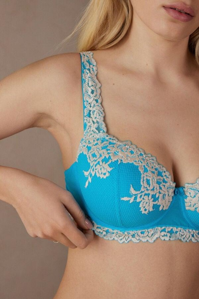 Intimissimi Pretty Flowers Sofia Balconette Women's Bras Turquoise / White | USA 1489PQC