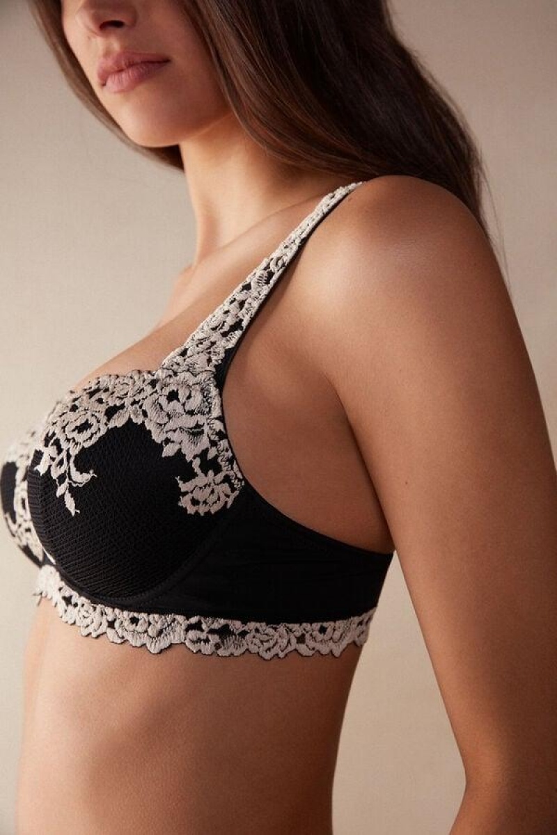 Intimissimi Pretty Flowers Sofia Balconette Women's Bras Black / White | USA 1563YUK