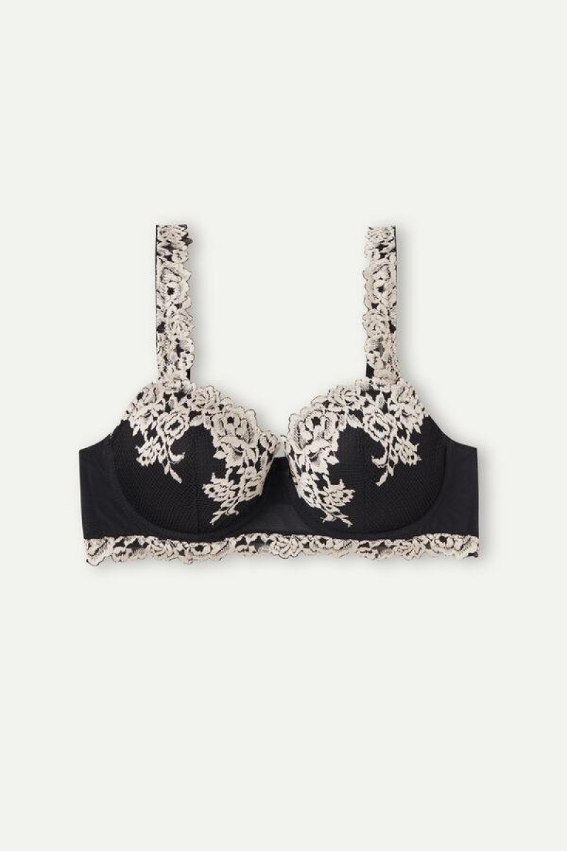 Intimissimi Pretty Flowers Sofia Balconette Women's Bras Black / White | USA 1563YUK