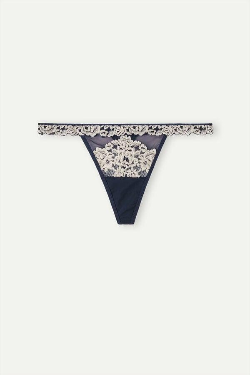 Intimissimi Pretty Flowers String Thong Women's Panties Deep Blue / Light Yellow | USA 2237RWH