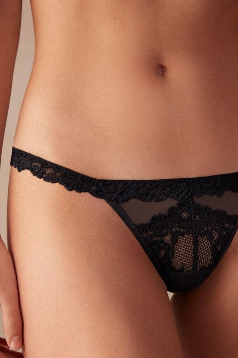 Intimissimi Pretty Flowers String Thong Women's Panties Black | USA 2284NBA