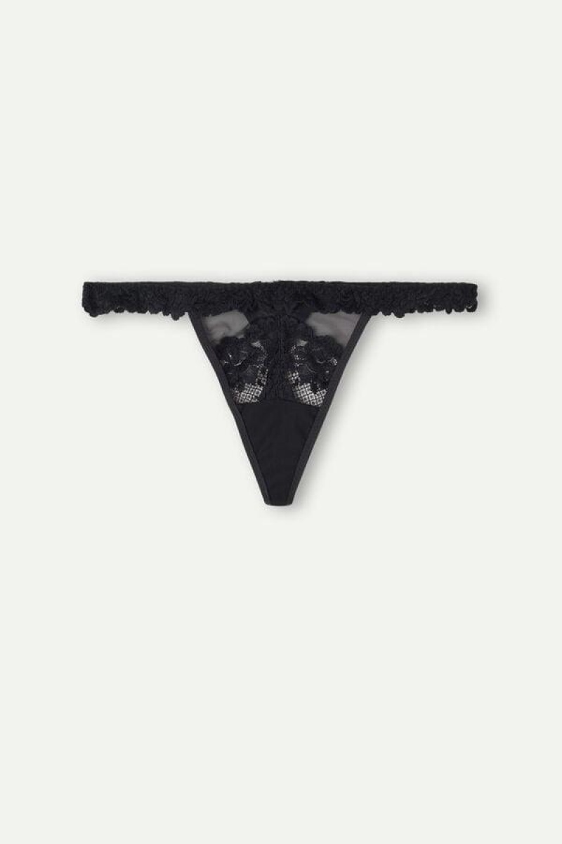 Intimissimi Pretty Flowers String Thong Women's Panties Black | USA 2284NBA