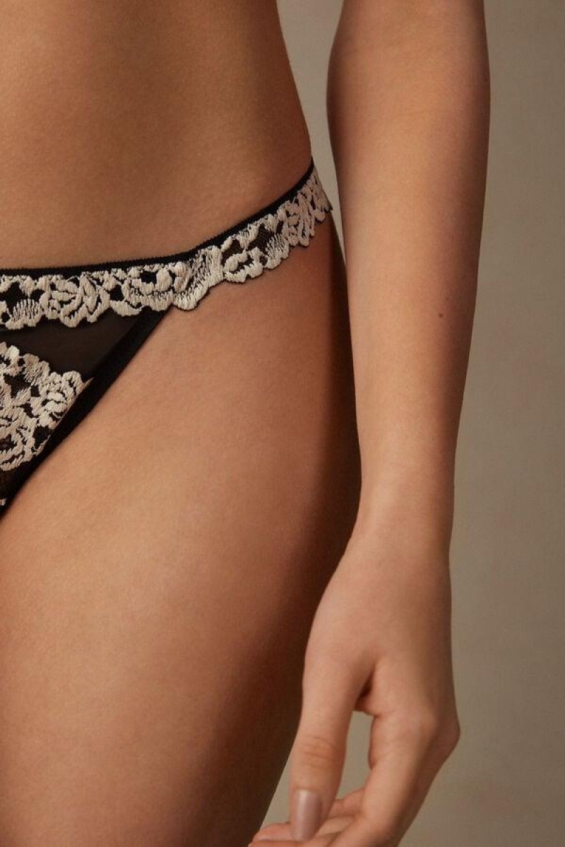 Intimissimi Pretty Flowers String Thong Women's Panties Black / White | USA 2295PQC