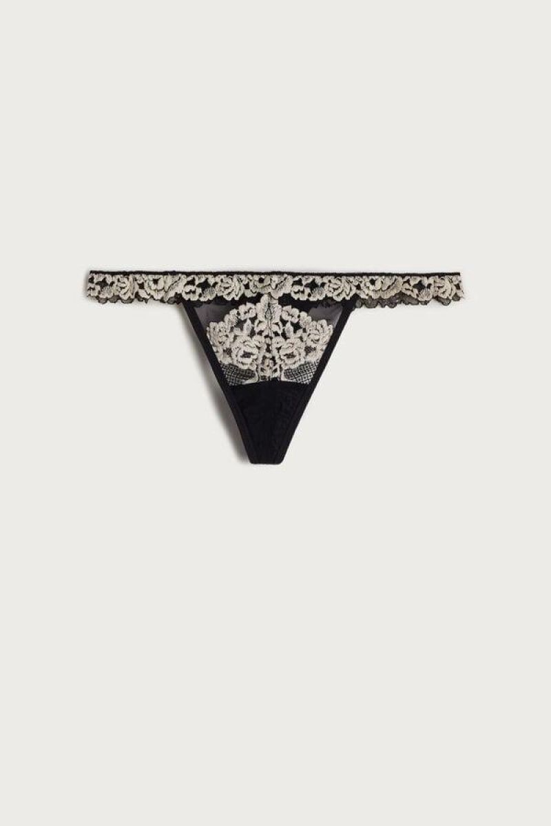 Intimissimi Pretty Flowers String Thong Women's Panties Black / White | USA 2295PQC