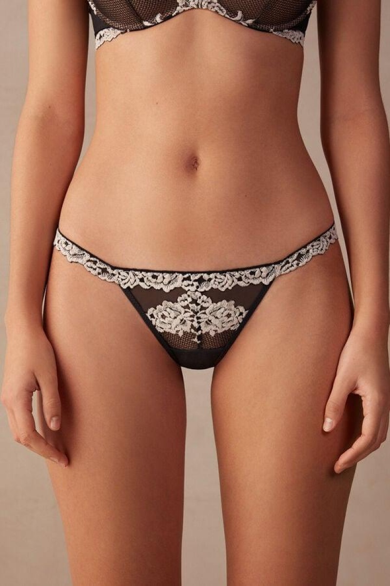 Intimissimi Pretty Flowers String Thong Women\'s Panties Black / White | USA 2295PQC