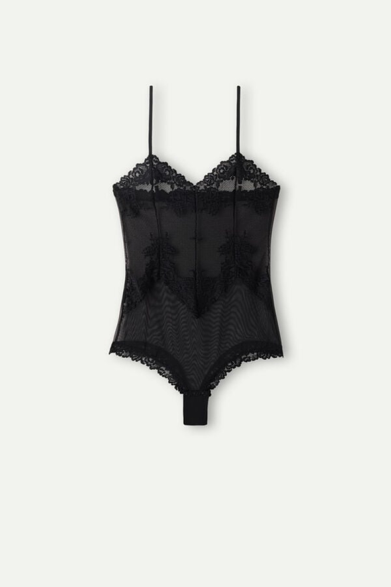 Intimissimi Pretty Flowers Tulle and Lace Women's Bodysuit Black | USA 1866VDO