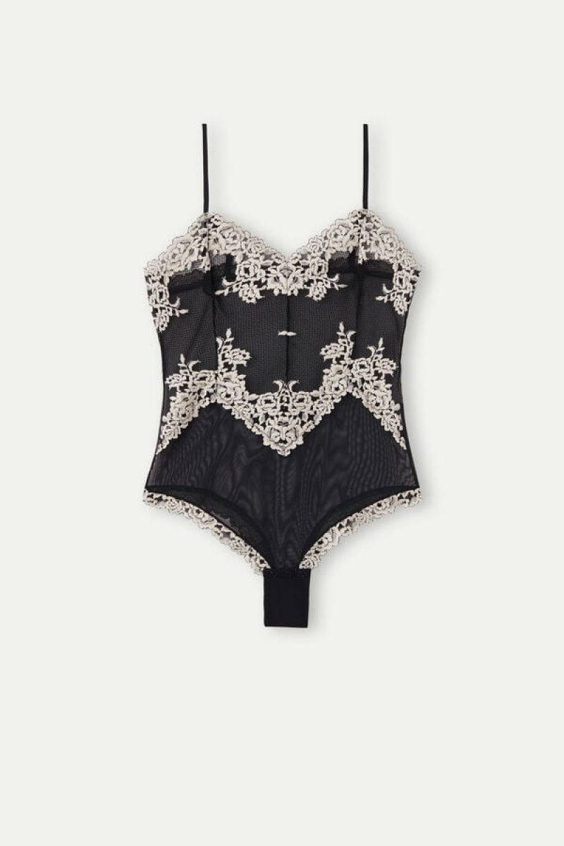 Intimissimi Pretty Flowers Tulle and Lace Women's Bodysuit Black / White | USA 1867BCP