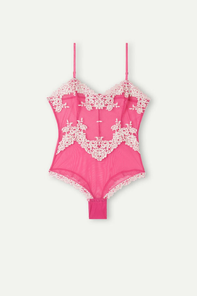 Intimissimi Pretty Flowers Tulle and Lace Women's Bodysuit Pink / White | USA 1878ORX