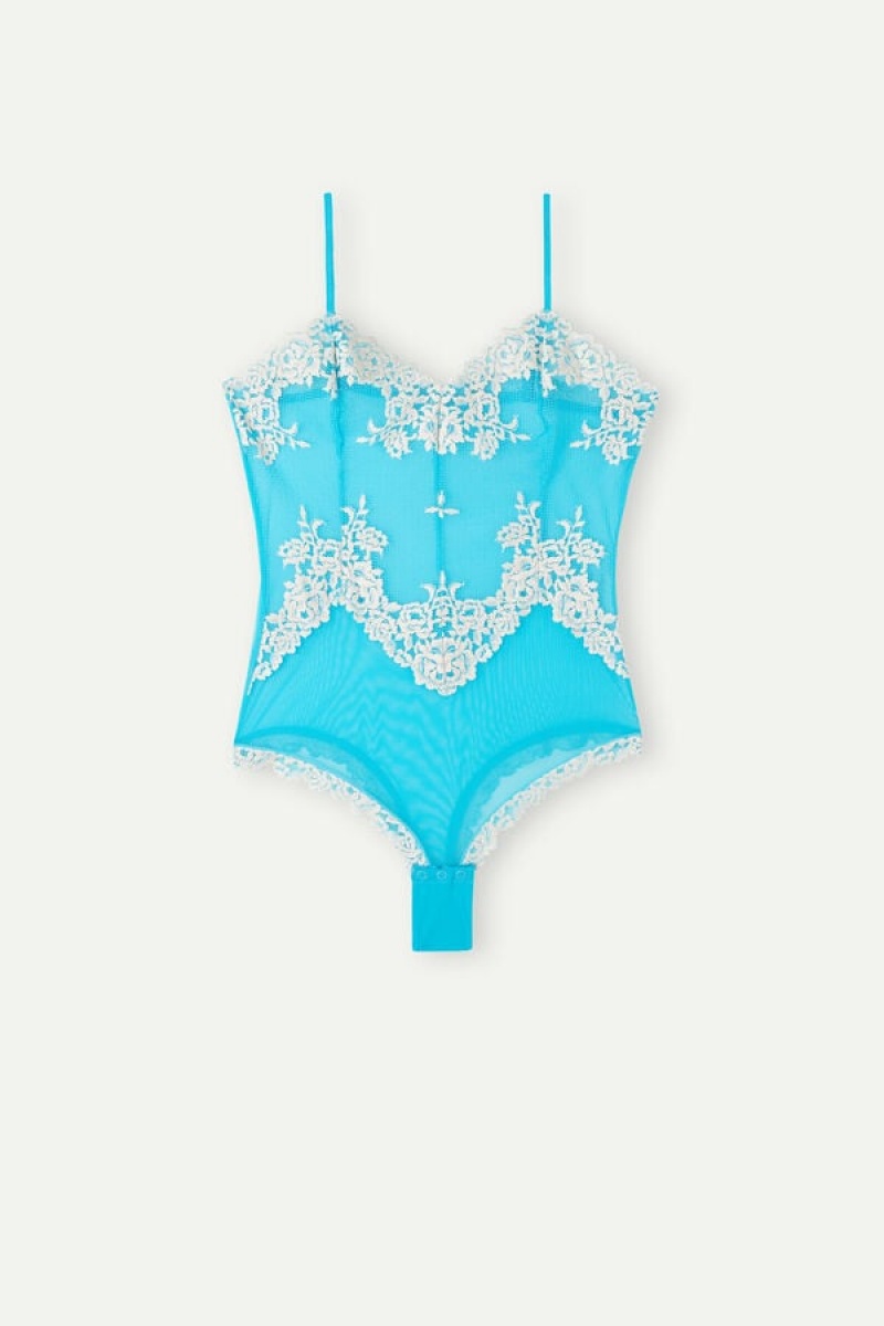 Intimissimi Pretty Flowers Tulle and Lace Women's Bodysuit Turquoise / White | USA 1880APV