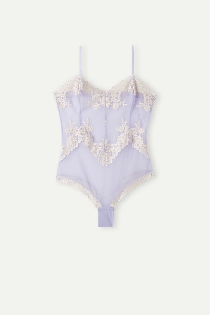 Intimissimi Pretty Flowers Tulle and Lace Women's Bodysuit Lavender / White | USA 1881SOB