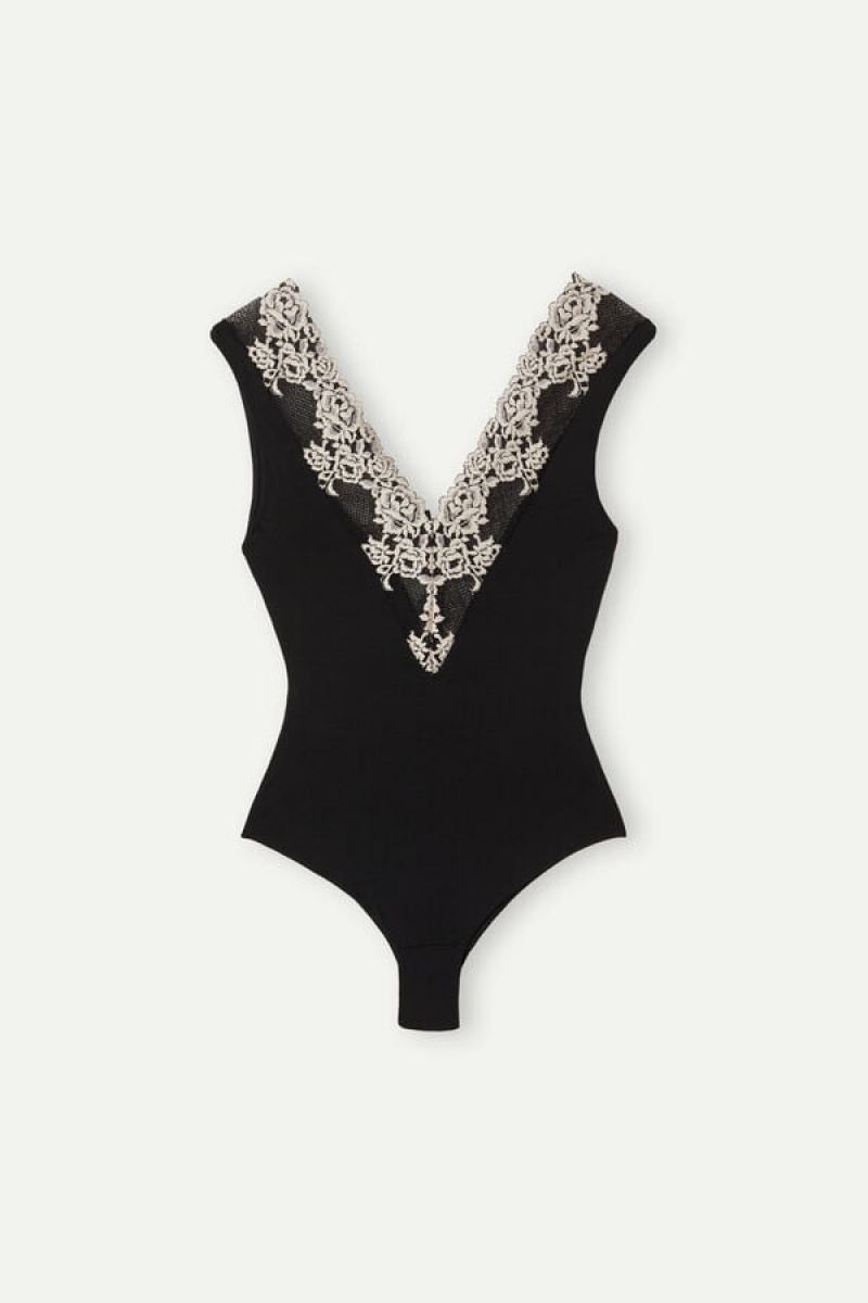 Intimissimi Pretty Flowers V-neck Women's Bodysuit Black / White | USA 1652JJE