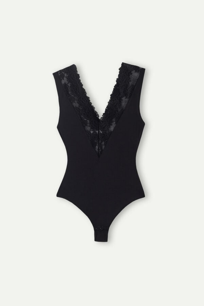 Intimissimi Pretty Flowers V-neck Women's Bodysuit Black | USA 1653KIR