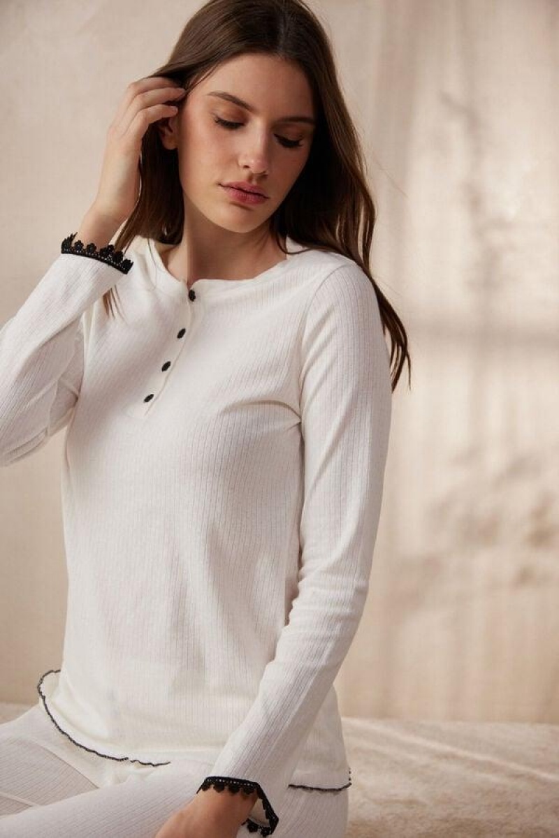 Intimissimi Pure Joy Long Sleeve Henley Top Women's Pajamas White | USA 2135YUK