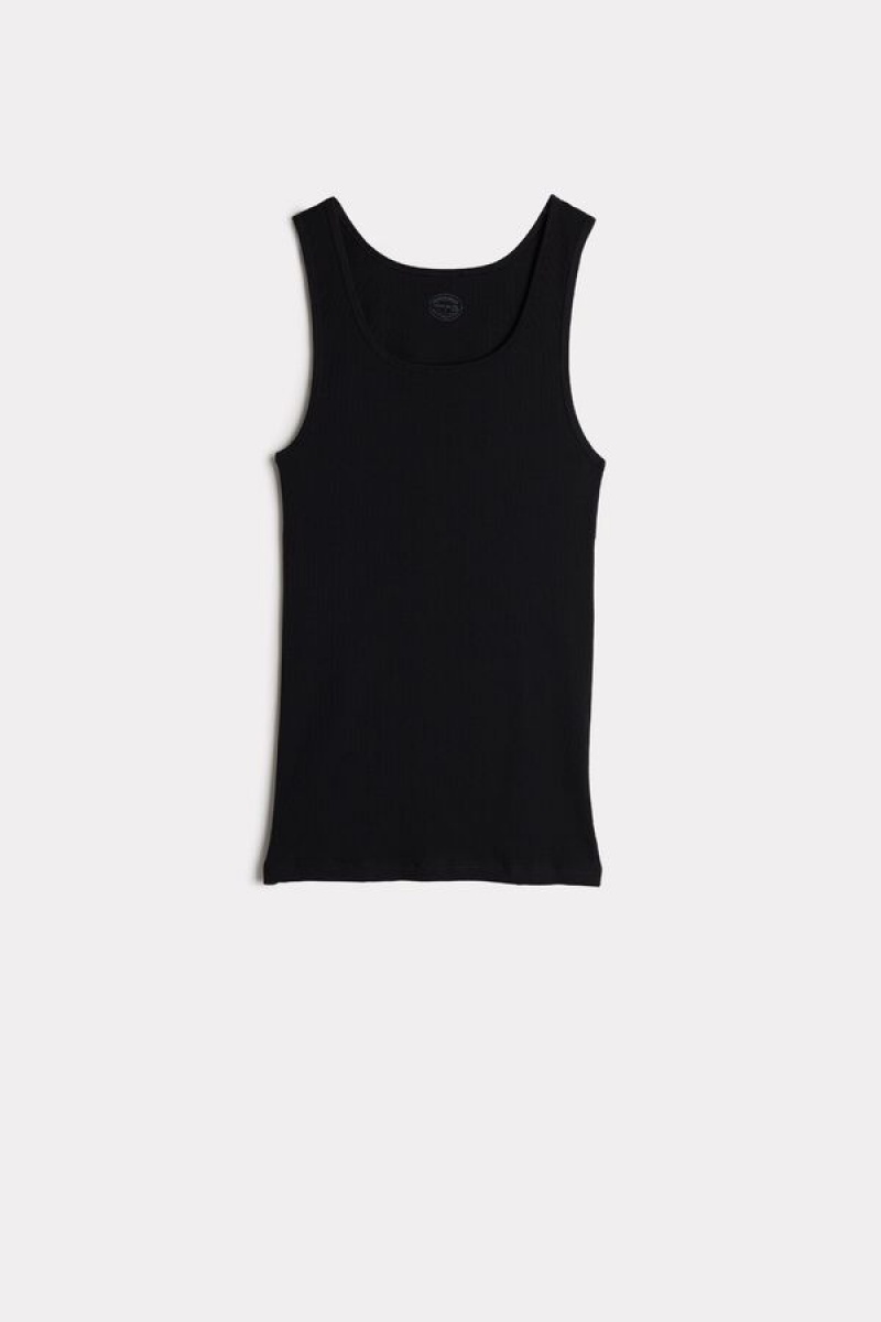 Intimissimi Ribbed Supima Cotton Men's Tank Top Black | USA 3039NBS