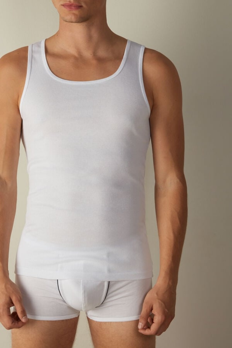 Intimissimi Ribbed Supima Cotton Men\'s Tank Top White | USA 3040BCD