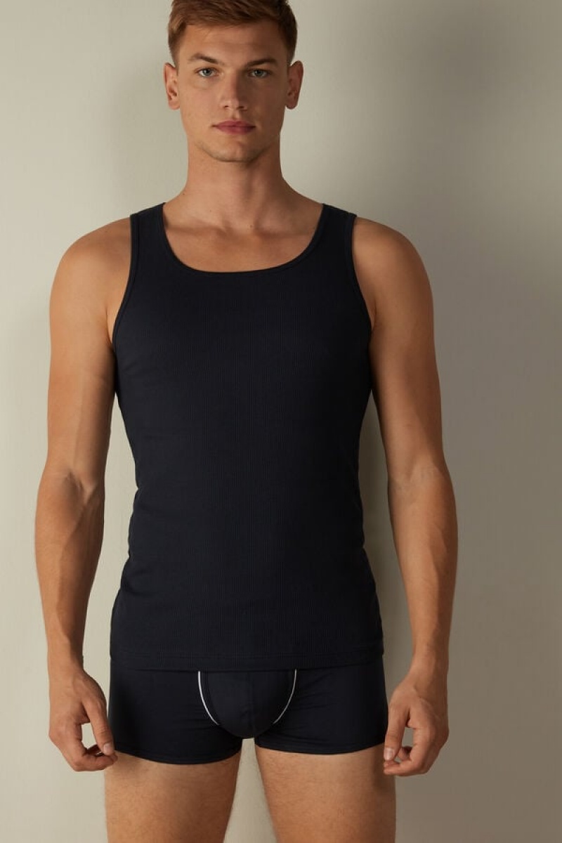 Intimissimi Ribbed Supima Cotton Men\'s Tank Top Blue | USA 3042CEG