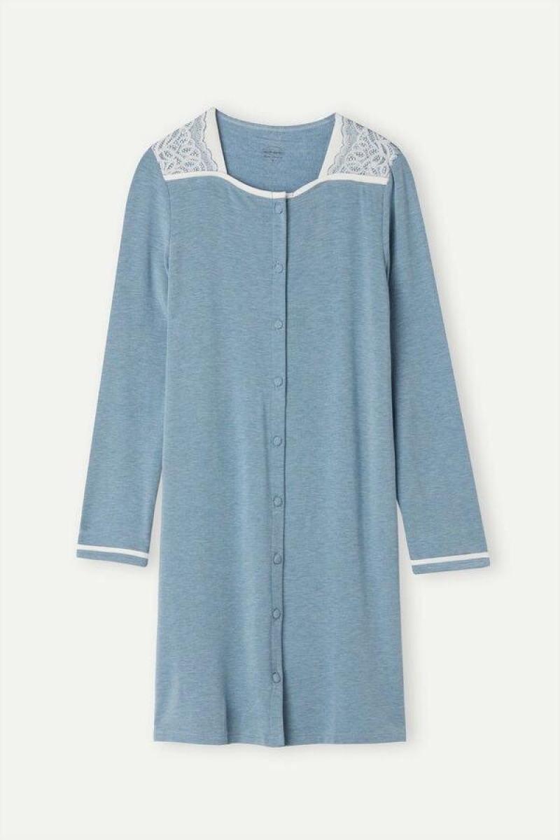 Intimissimi Romantic Bedroom Button Up Night Shirt in Modal with Wool Women's Pajamas Light Blue | USA 2219SOB