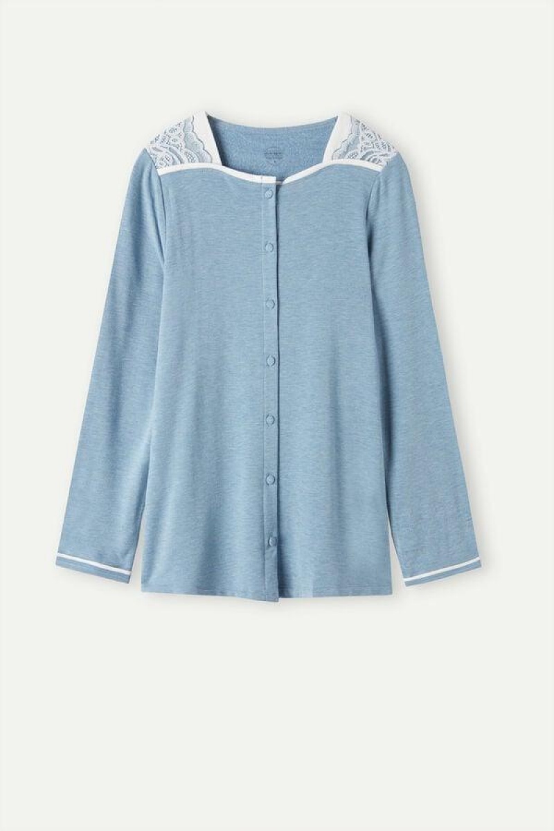 Intimissimi Romantic Bedroom Button Up Top in Modal with Wool Women's Pajamas Light Blue | USA 2149ZGY