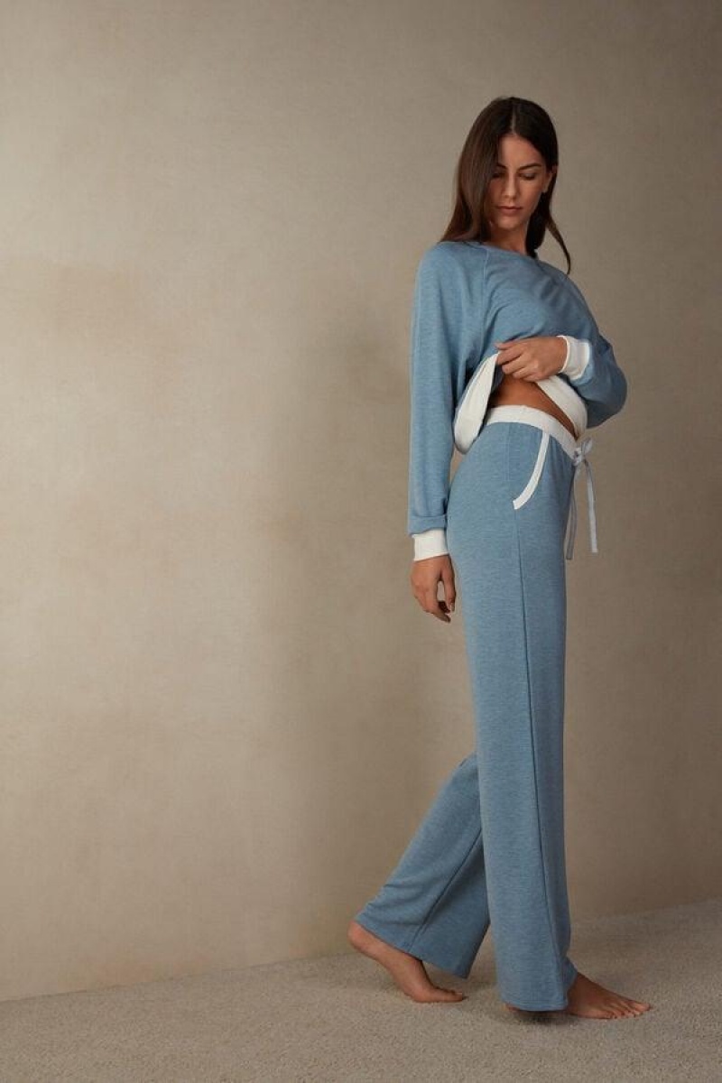 Intimissimi Romantic Bedroom Contrast Trim Full Length Pants in Modal with Wool Women's Pajamas Light Blue | USA 2047CEI