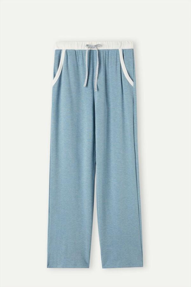 Intimissimi Romantic Bedroom Contrast Trim Full Length Pants in Modal with Wool Women's Pajamas Light Blue | USA 2047CEI