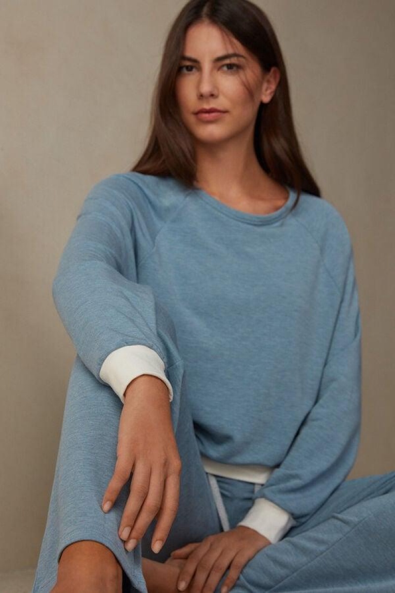 Intimissimi Romantic Bedroom Contrast Trim Top in Modal with Wool Women's Pajamas Light Blue | USA 2148LHT