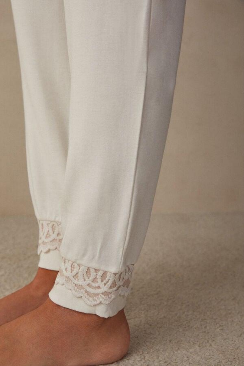 Intimissimi Romantic Bedroom Cuffed Full Length Pants in Modal with Wool Women's Pajamas White / Pink | USA 2049BCP