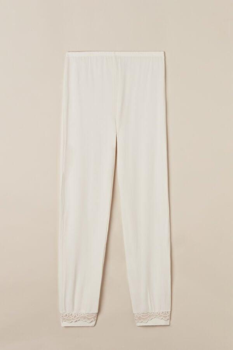 Intimissimi Romantic Bedroom Cuffed Full Length Pants in Modal with Wool Women's Pajamas White / Pink | USA 2049BCP