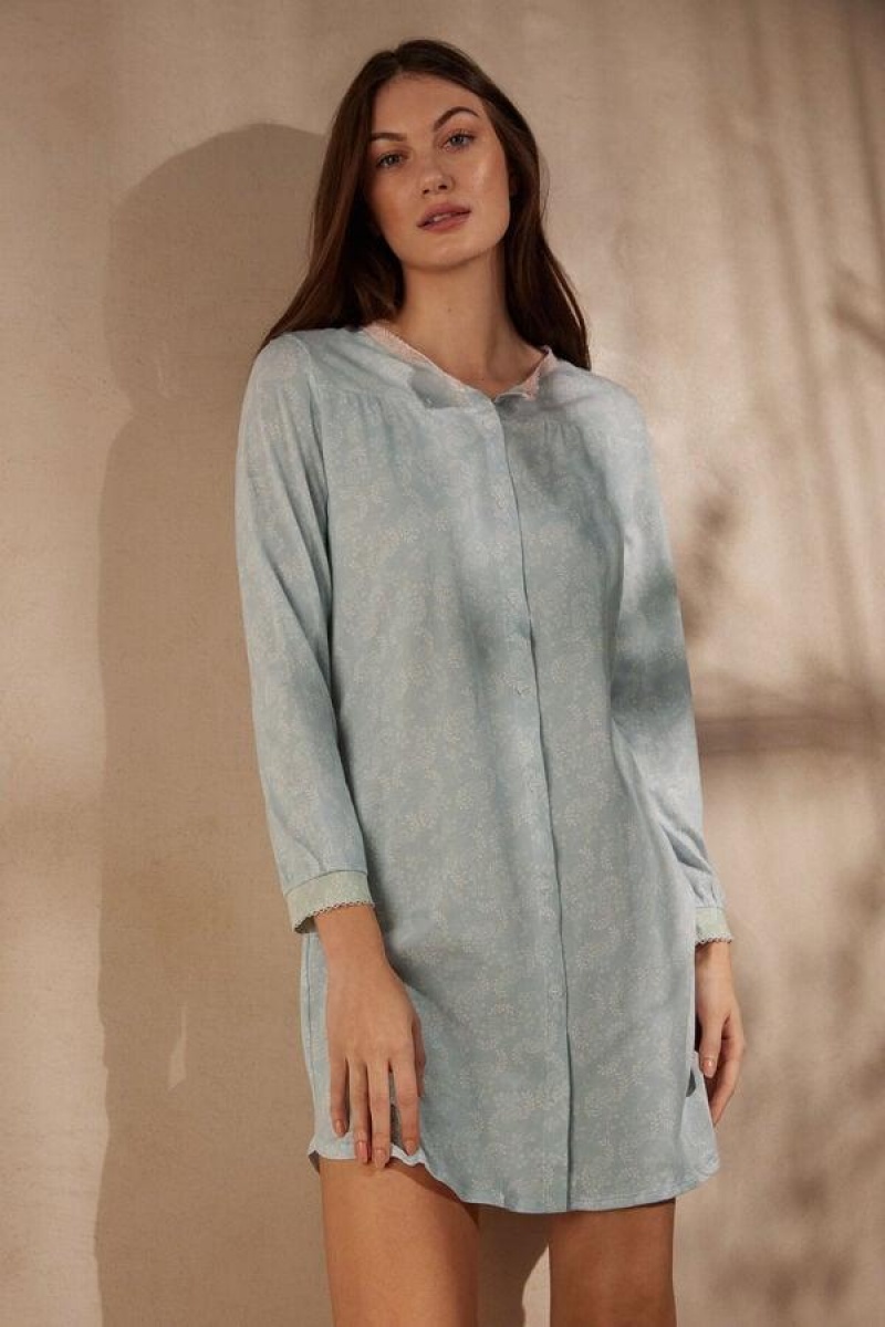 Intimissimi Romantic Cashmere Button Up Night Shirt Women's Pajamas Light Blue | USA 2214UTL