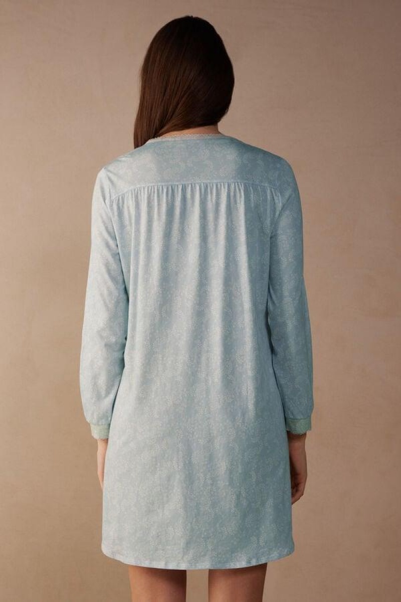 Intimissimi Romantic Cashmere Button Up Night Shirt Women's Pajamas Light Blue | USA 2214UTL