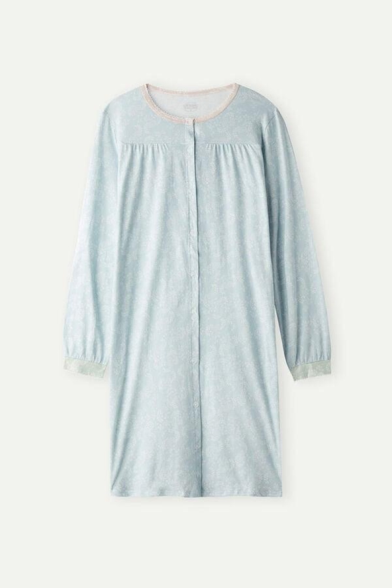 Intimissimi Romantic Cashmere Button Up Night Shirt Women's Pajamas Light Blue | USA 2214UTL