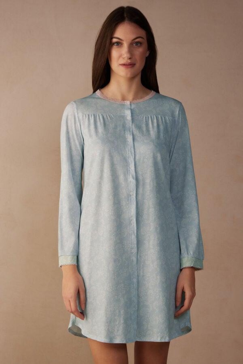 Intimissimi Romantic Cashmere Button Up Night Shirt Women\'s Pajamas Light Blue | USA 2214UTL