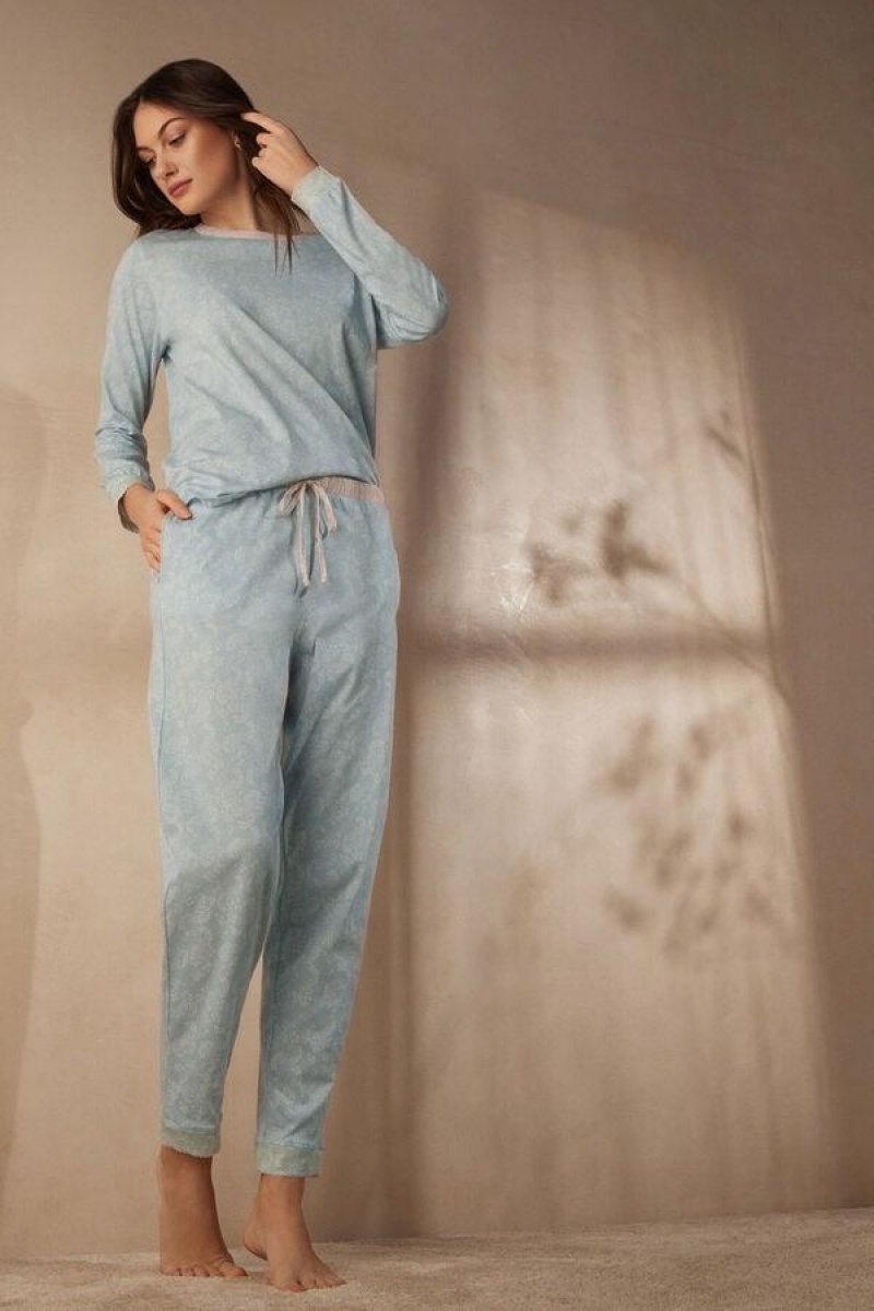 Intimissimi Romantic Cashmere Full Length Cotton Pants Women's Pajamas Light Blue | USA 2027WYF