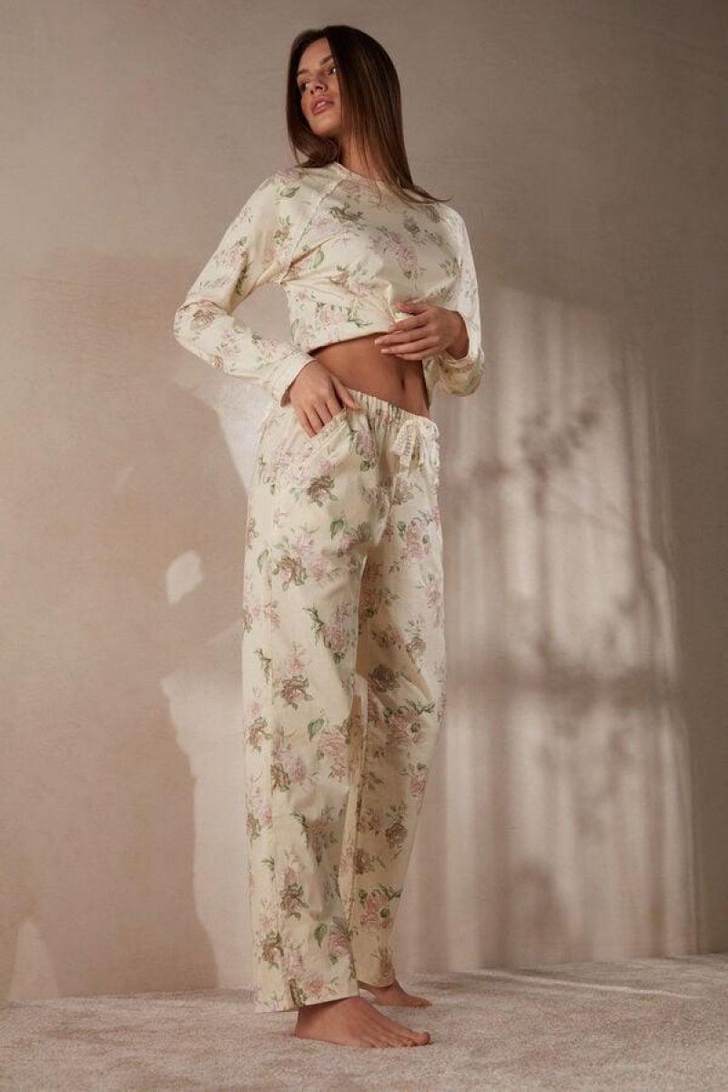 Intimissimi Scent of Roses Full Length Cotton Cloth Pants Women's Pajamas Multicolor / White | USA 2030TVJ