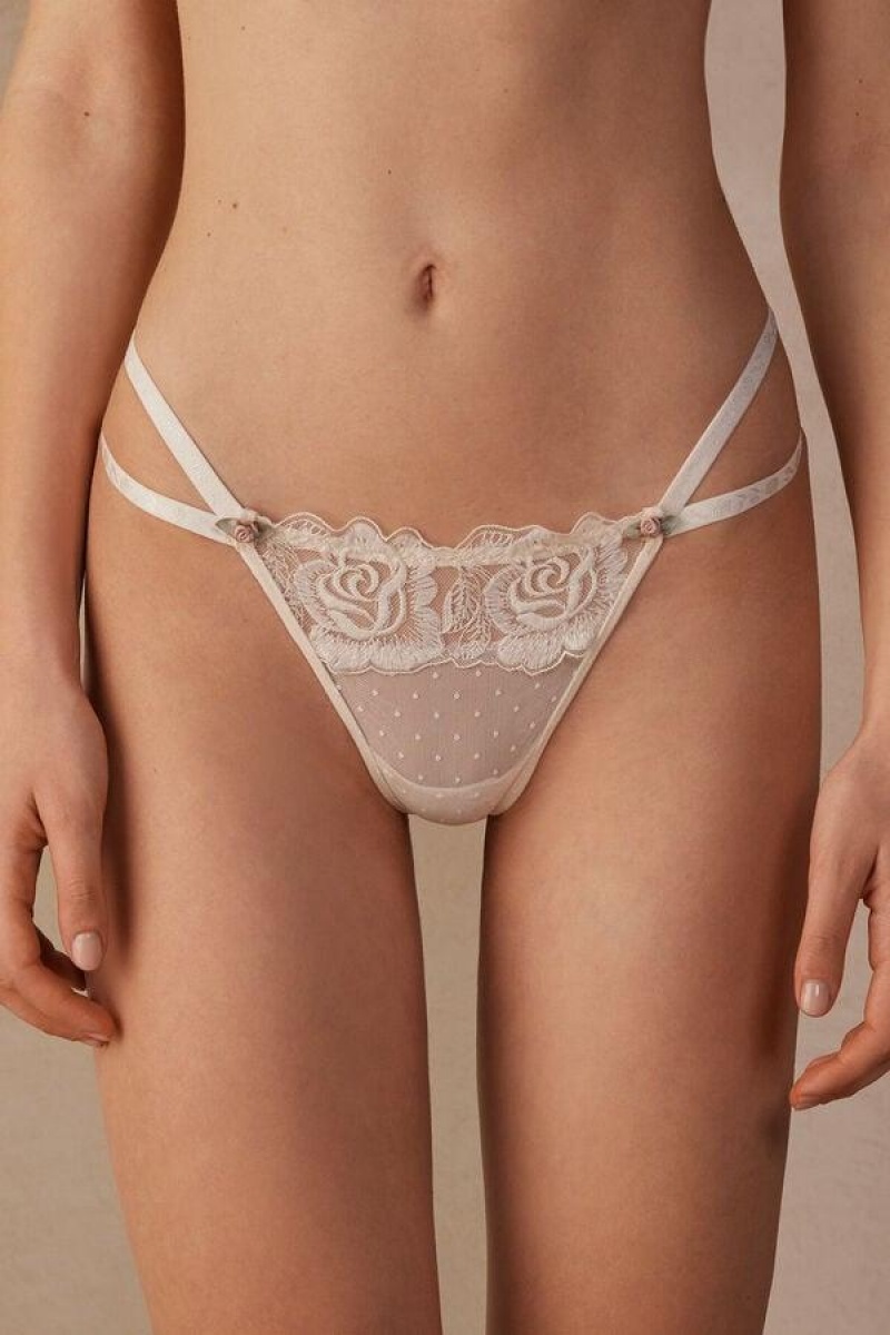 Intimissimi Scent of Roses String Thong Women\'s Panties Light Yellow White | USA 2236EXG